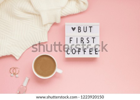 Creative autumn flat lay overhead top view coffee cup vintage lightbox  But coffee first text on millennial pink background copy space minimal style Fall season template for feminine blog social media