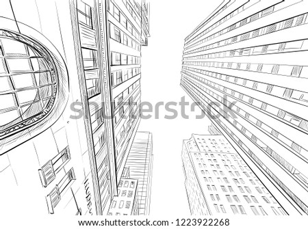 Toronto. Canada. Unusual perspective  View of the bottom of the skyscraper. Urban sketch. Hand drawn, vector illustration.