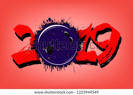 Abstract number 2019 and a bowling ball from blots. 2019 New Year on an isolated red background. Design pattern for greeting card. Grunge style. Vector illustration