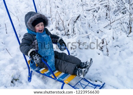 cheerful child boy in winter on a sled against a white snow