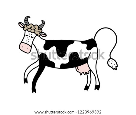 Vector cute running cow art, cartoon style. Poster and banner element, children's book illustration, postcard, gift card, print for t-shirt and more, sticker, label and other. Isolated on white
