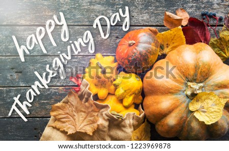 Happy Thanksgiving day concept - traditional holiday food with pumpkins on old wooden.