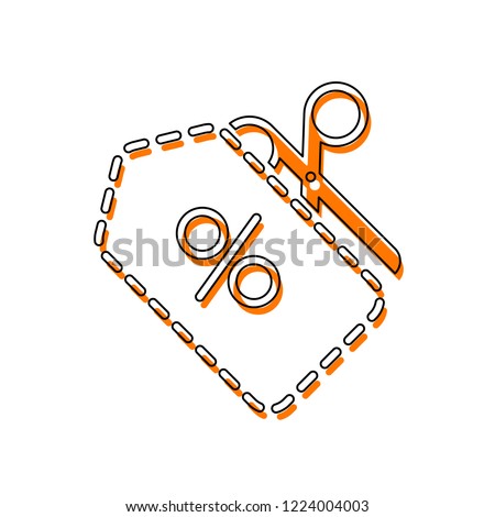 Scissors and Sale label. Simple icon. Isolated icon consisting of black thin contour and orange moved filling on different layers. White background