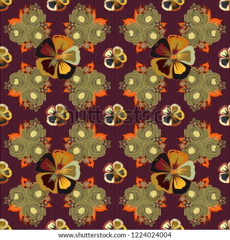Floral seamless pattern with blooming cosmos flowers and leaves in brown, orange and yellow colors. Stylish wallpaper with cosmos flowers. Abstract vector background.