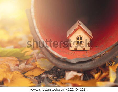 Tiny model of house on edge rainwater pipe with autumn leaves around. Close up