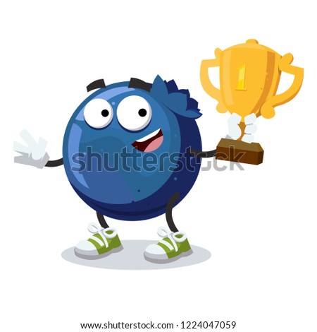 cartoon blueberry mascot holds the number one cup on white background