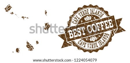 Compositions of coffee map of Cape Verde Islands and grunge stamp seal. Mosaic vector map of Cape Verde Islands is composed with coffee beans. Abstract design elements for cafeteria posters.