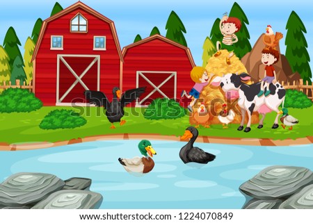 Children at the farmland illustration