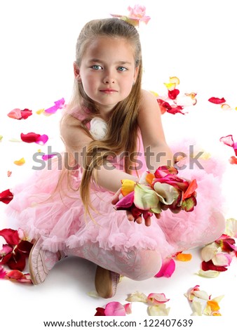 the beautiful girl in roses and a pink dress isolated white background