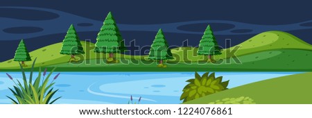 Lake landscape at night illustration