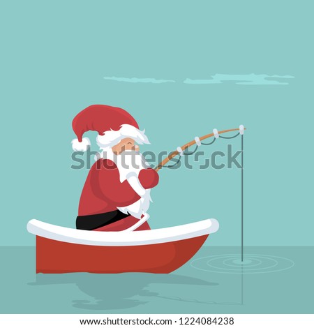 Christmas card of Santa Claus fishing in his boat