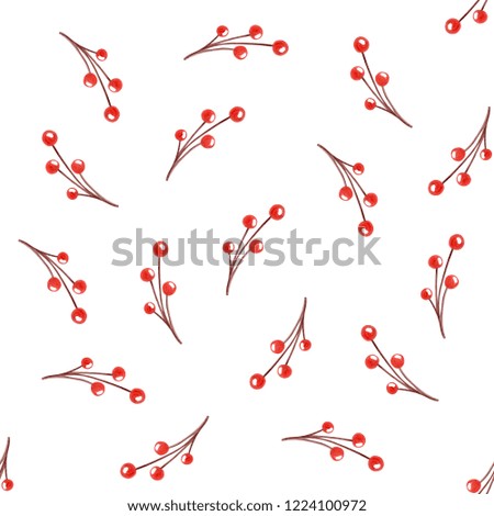 Christmas branch with red berries on white background. Winter pattern. Textiles, design, happy new year, Christmas, print, pattern, drawing. Watercolor drawing, illustration.
