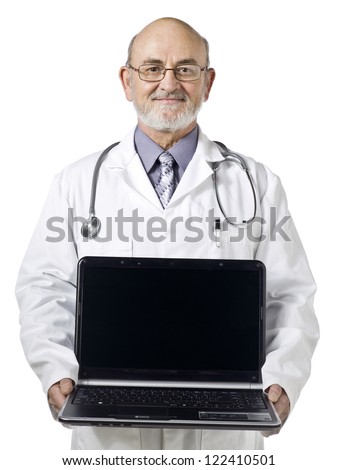 Close-up image of a male doctor with stethoscope and laptop smiling over the white background