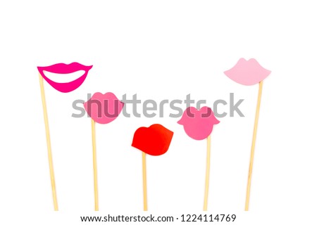 Set of lips shaped photo booth props isolated on the white background. Flat-lay, top view.