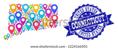 Compositions of colorful map of Connecticut State and grunge stamp seal. Mosaic vector map of Connecticut State is formed with colorful site pins. Flat design elements for site applications.