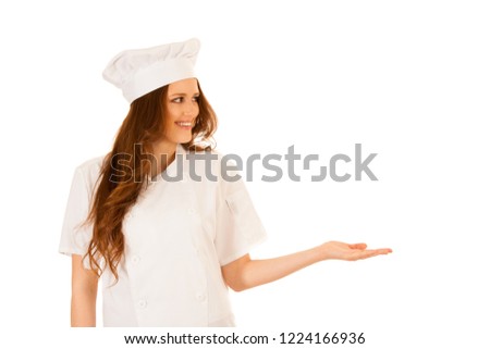 Beautiful chef presenting new recipe isolated over white