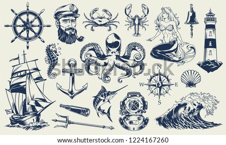 Vintage monochrome nautical elements set with sailor sea animals lighthouse mermaid ship diving helmet anchor compass poseidon trident isolated vector illustration Royalty-Free Stock Photo #1224167260