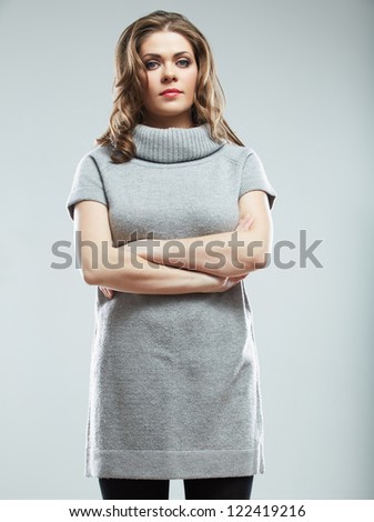 Business woman portrait isolated over gray.