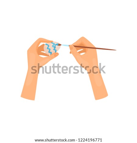 Human hands painting eggs. Arts and craft. Hobby theme. Flat vector element for promo banner of art courses