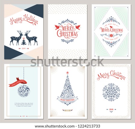 Elegant vertical winter holidays greeting cards with New Year tree, doves, reindeers, snowflake, Christmas ornaments and ornate typographic design. Vector illustration.