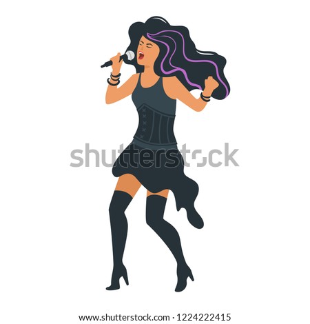 Vector flat style young rock metal singer with microphone. Singing beautiful woman character. Minimalism design with people silhouettes.
