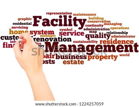Facility Management word cloud hand writing concept on white background. 