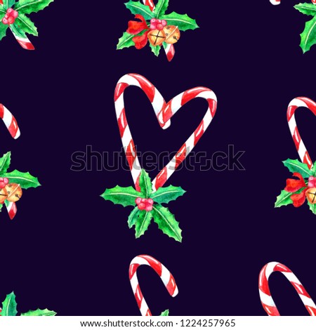 Watercolor Christmas candy cane Seamless pattern isolated on dark background, hand drawn illustration in sketch style
