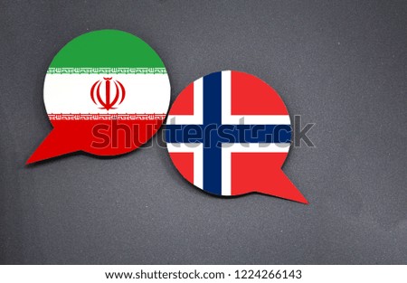 Iran and Norway flags with two speech bubbles on dark gray background