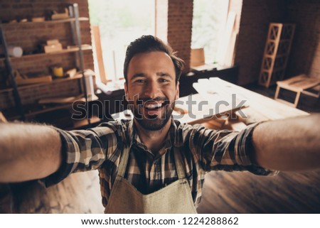 Creativity lifestyle leisure people person craftsmanship free time rest relax pause concept. Close up photo portrait of satisfied cute handsome glad workman take make self picture modern workstation