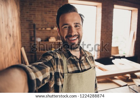 Mechanic handyman handmade handcraft people person concept. Closeup photo picture portrait of glad excited cheerful gut take make selfie in modern stylish trendy workstation on smartphone