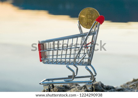 Cryptocurrency bitcoin in a shopping cart shot on landscape lake sunset