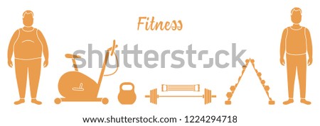 Time to fitness and sports. Healthy lifestyle. Men involved in sports. Slimming. Sports equipment: exercise bike, expander, barbell, dumbbells, kettlebell.