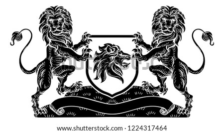A medieval heraldic coat of arms emblem featuring lion supporters flanking a shield charge in a vintage retro woodcut style.