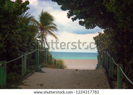 Sandy beach access with the view of Atlantic Ocean horizon, Florida Miami beach	
