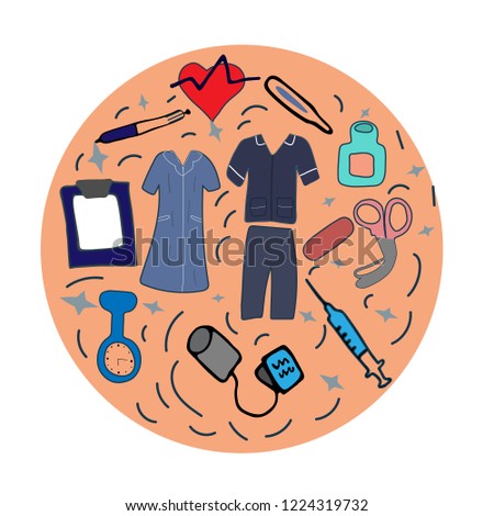 Template for poster, banner to celebrate Nursing staff. Nursing kit in round shape for background. Vector illustration in flat style. Hand drawn elements.
