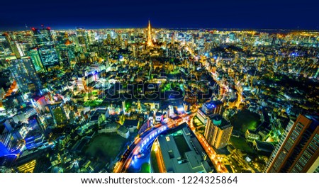 Asia Business concept for real estate & corporate construction - panoramic modern city skyline of tokyo tower and metropolitan expressway junction with neon night in Roppongi Hill, Tokyo, Japan