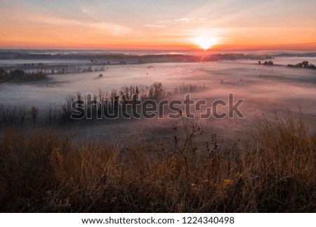autumn atmosphere. Dry grass in the foreground. Cold mist in the valley. The beauty of nature at sunrise.