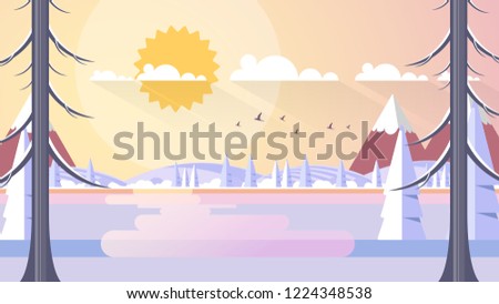 Winter Landscape In Sunset Background. Flat Vector Illustration
