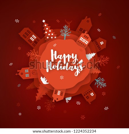 Merry Christmas paper cut vector illustration. Greeting card with Christmas tree and paper cut city.