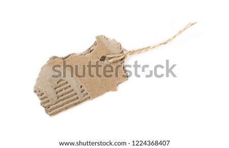 Blank cardboard price tag tied with string isolated on white background, top view