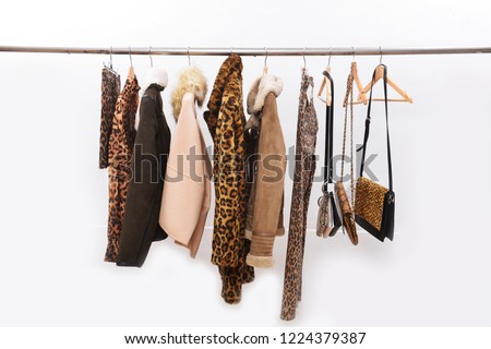 Women's brown blouses with coat, scarf, jacket, sweater, snake pattern handbag on hangers



