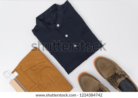 sale, shopping, fashion, style and people concept - Shirt linen concept Navy Green White with chino shorts brown navy concept on white background. Flat lay, Top view.