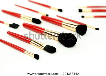 Makeup brushes set in red color on white background. Professional makeup tools .Selective focus. Top view. Copy space