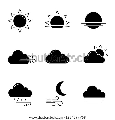 Weather forecast glyph icons set. Sun, sunrise, sunset, wind, cloud, partly cloudy weather, pouring rain, windy night, fog. Silhouette symbols. Vector isolated illustration