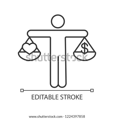 Business ethics linear icon. Dilemma. Love or money decision. Thin line illustration. Make choice. Honesty, morality. Scales of justice with dollar and heart. Vector isolated drawing. Editable stroke