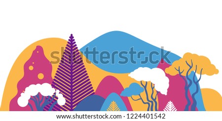 Mountain hilly landscape with tropical plants and trees, palms, succulents. Scandinavian style. Environmental protection, ecology. Park, exterior space, outdoor. Vector illustration.