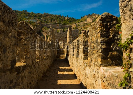 Landscape with a view of the walls of the fortress of Alanya. Asia,Turkey, Alanya peninsula, Antalya district.