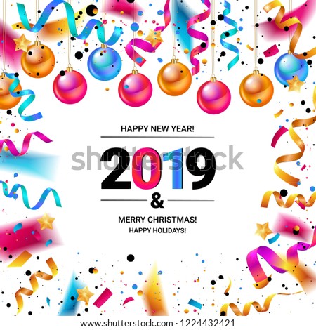 Merry christmas and happy new year 2019. Greeting postcard decoration. Beautiful multi-colored balls and confetti on a white background. Vector illustration