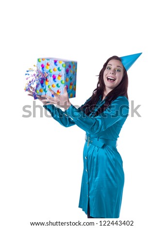 Image of a cute laughing woman holding a birthday box against the white background