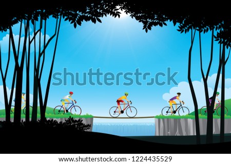 Group of cyclist riding on the road with scenery of forest trees with waterfall landscape. Vector illustration of cycling sport concept